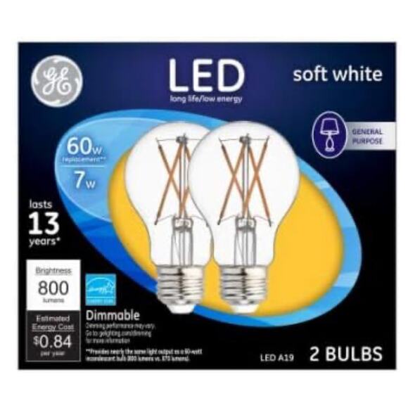NEW GE 2 Pack 60W, 5W Soft White A19 Bulb Clear Classic Lightbulbs In Box - Picture 2 of 2